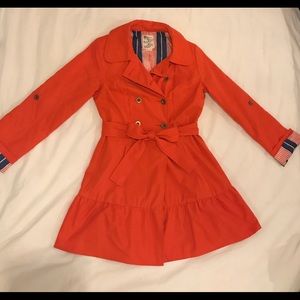 Bright Orange-red coat with waist tie and stripes